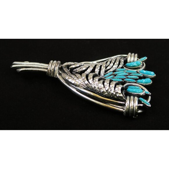 Vintage 1970s Faux Turquoise Bouquet Brooch Silver Tone Floral Statement Pin - Picture 2 of 4